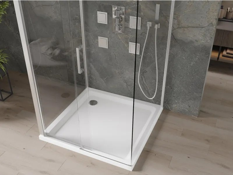 Mexen Omega, 3-stenový sprchovací kút s posuvnými dverami 100 (dvere) x 100 (stena) x 190 cm, 8mm číre sklo, chrómový profil + biela sprchová vanička SLIM, 825-100-100-01-00-3s-4010