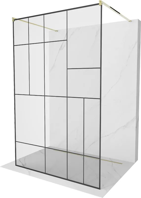 Mexen Kioto, priechodná sprchová zástena 110 x 200 cm, 8mm sklo číre/čierny vzor, 2x zlatá stabilizačná rozpera, 800-110-002-50-78