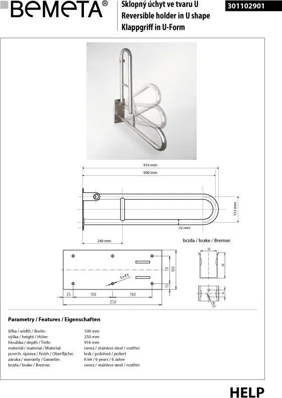 Bemeta Design HELP: Madlo, 900 mm, v tvare U, sklopné, bez krytky, nerez, lesk - 301102901