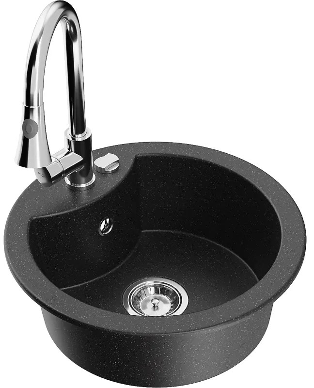 Mexen Diego, 1-komorový granitový drez 488x488x167 mm a drezová batéria Elia, čierna-strieborná metalíza, 6512-73-670101-00