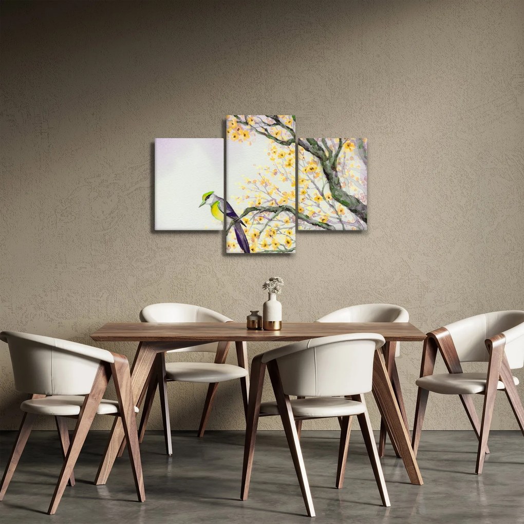 Obraz - Akvarelový vtáčik na strome (90x60 cm)