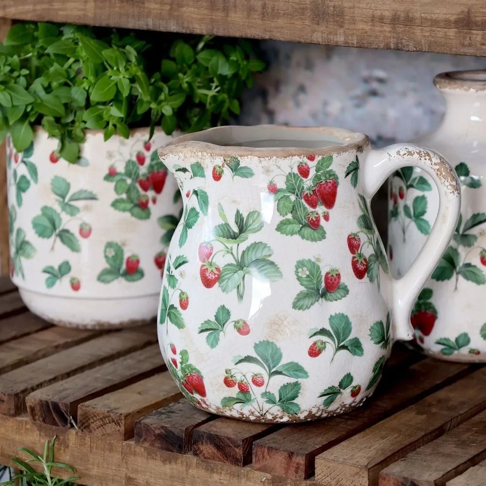 Krémový antik keramický džbán s jahôdkami Fraises - 16*15 cm