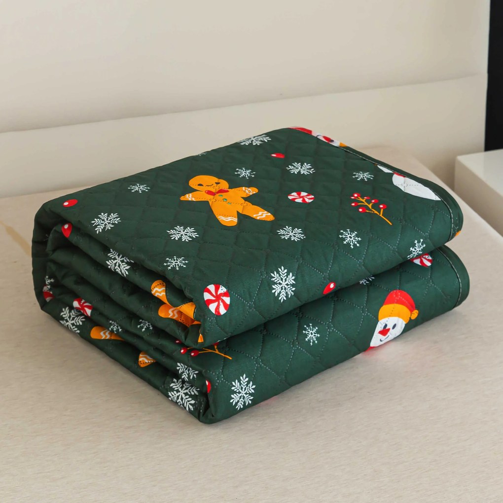 Prehoz na posteľ SNOWMAN AND GINGERBREAD, zelený Rozmer: 170 x 210 cm