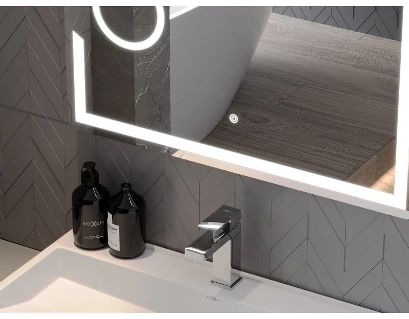 Mexen Onyx, LED kúpeľňové zrkadlo s podsvietením a kozmetickým zrkadielkom 100x80 cm, 6000K, ochrana proti zahmlievaniu, 9813-100-080-611-00