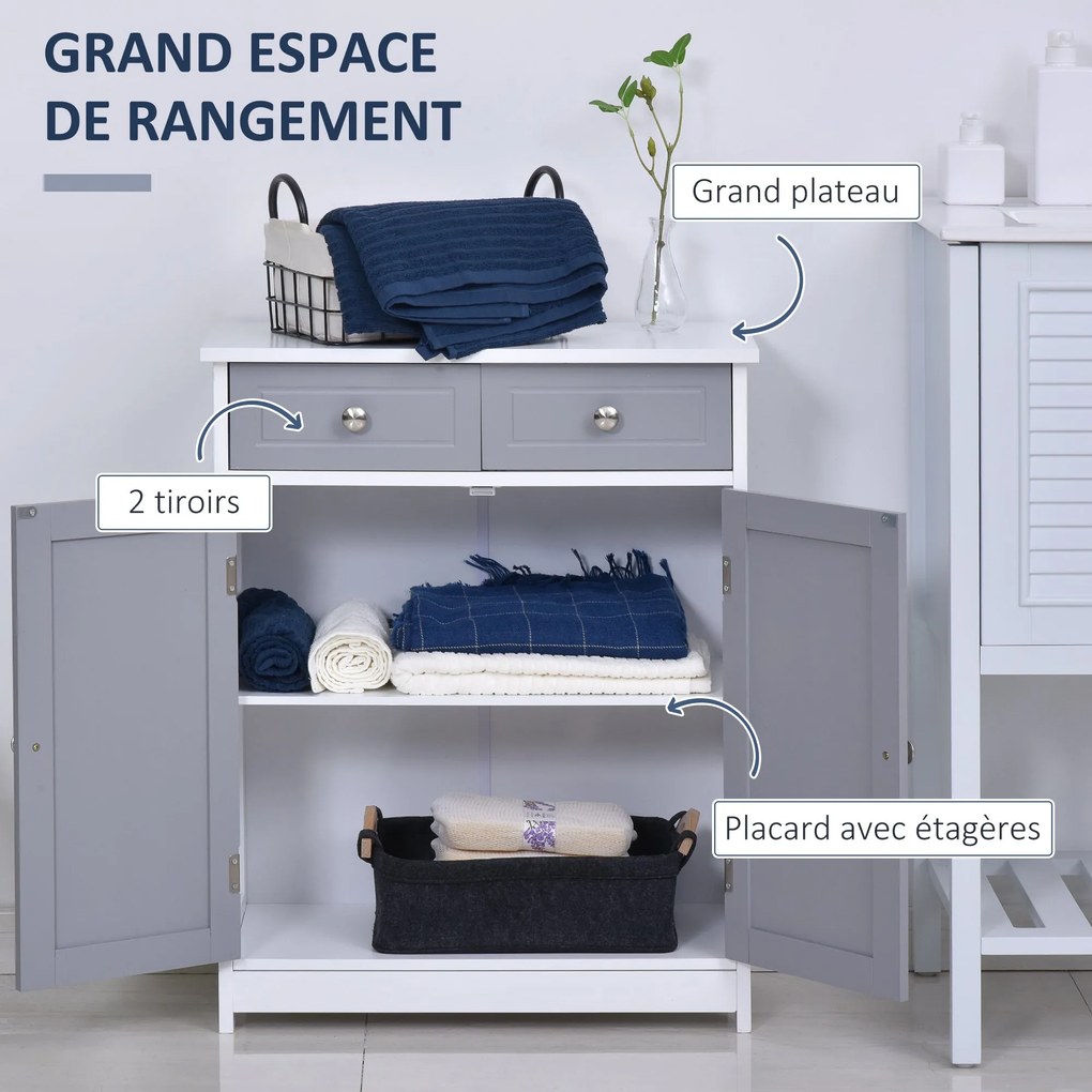 Kleankin Úložný Kabinet, Kúpeľňový Kabinet, Skriňa s 2 Dverami a 2 Šuflíkmi - 60 x 30 x 75 cm - Šedá a Biela | Aosom
