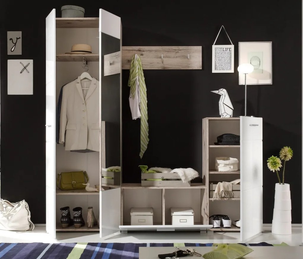 Predsieňová stena Sixx, pieskový dub/biela lesk