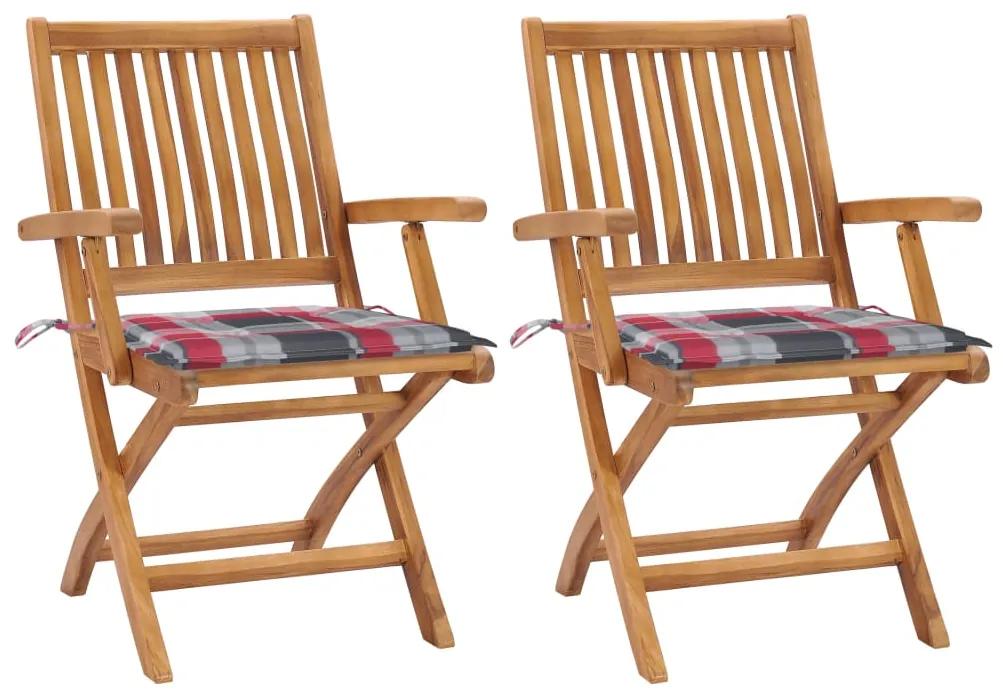 Záhradné stoličky 2 ks červené podložky s kockami teakový masív 3062419