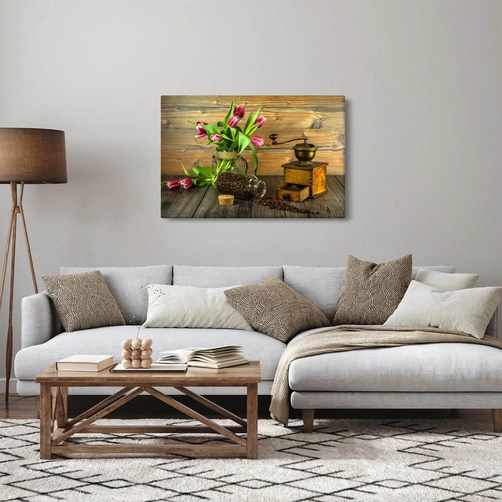 Obraz - tulipány, mlynček a káva (90x60 cm)