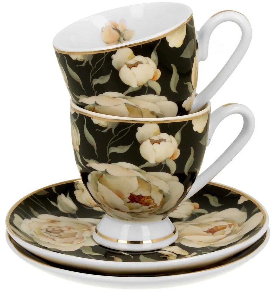 Porcelánová šálka na nohe s podšálkou English Roses Black 90 ml sada 2ks