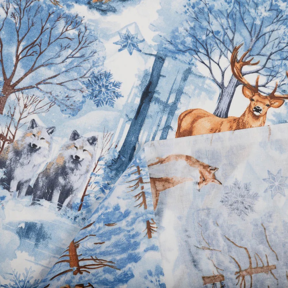 Biante Vianočný bavlnený záves Sandra SA-674 Lesné zvieratá v zimnom lese na modrom 150x170 cm