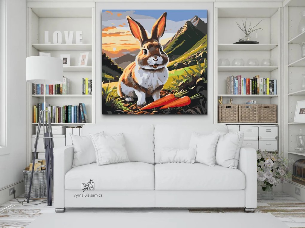 Gario Maľovanie podľa čísel Veselý zajačik s mrkvou Rozmery: 50 x 50 cm, Rámovanie: S vnútorným rámom