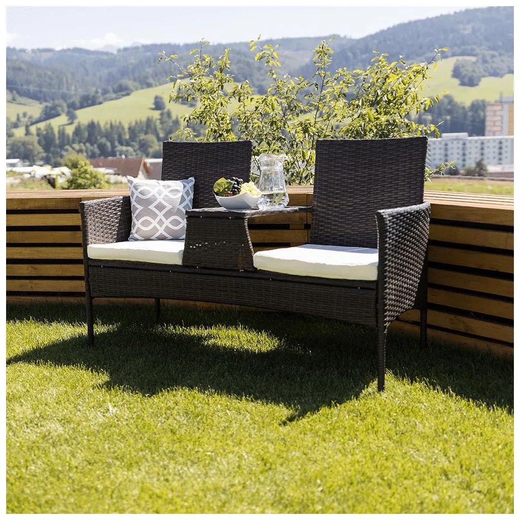 Tempo Kondela Záhradná lavica so stolíkom a poduškami, hnedá/krémová, LALIT