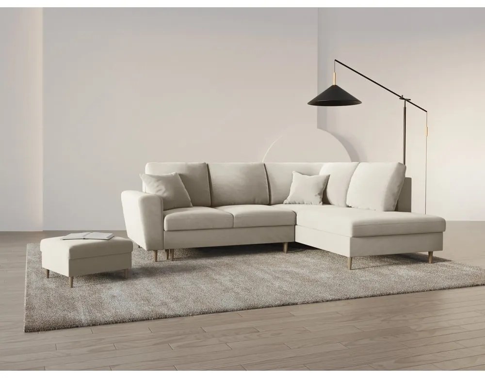 Béžová zamatová rozkladacia/s úložným priestorom rohová pohovka (pravý roh/do L) Kyoto – Cosmopolitan Design