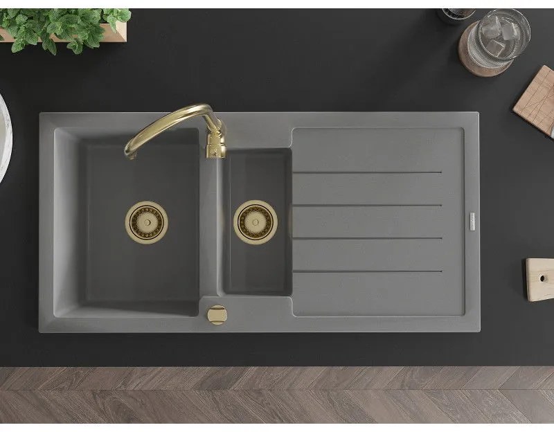 Mexen Andres, granitový drez 1000x500x200 mm, 1,5-komorový, šedá so zlatým sifónom, 6515101510-71-G