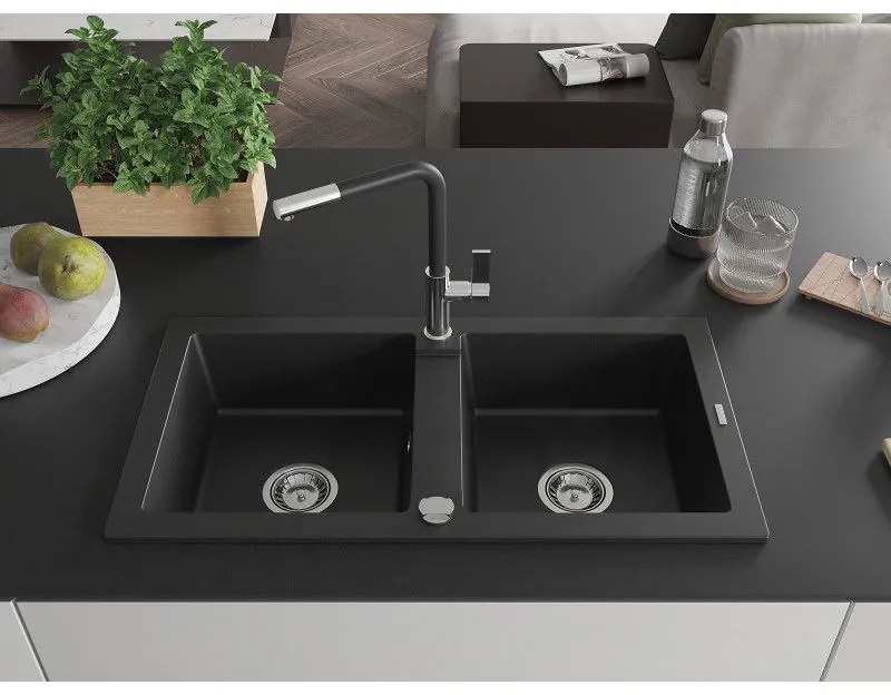 Mexen Mario, 2-komorový granitový drez 820x436x161 mm a drezová batéria Flora, čierna, 6504-77-670401-07