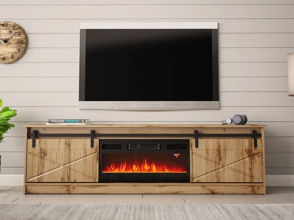 TV skrinka Sarinero s krbom, Farby: old wood, Krb: čierny