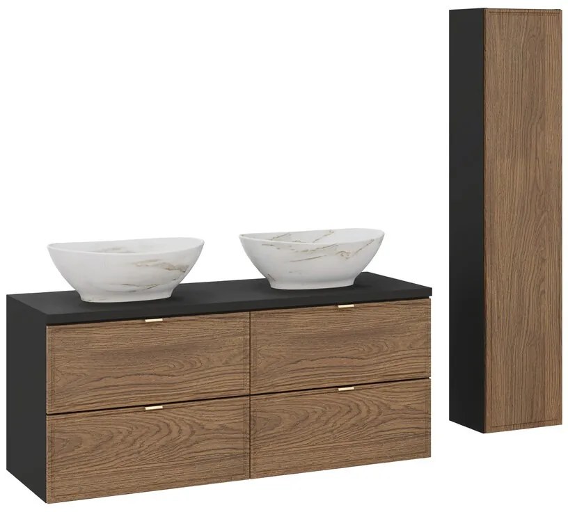 Koupelnová sestava s deskou, skříňkami a umyvadly Talia Casella 120 cm černý mat/dub casella