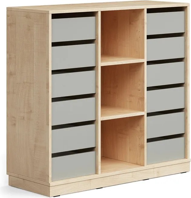 Úložná skrinka CASPER, 12 zásuviek, 3 priehradky, so soklom, breza/šedá