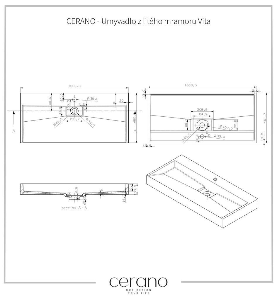 CERANO - Umývadlo z liateho mramoru Vita - nástenné aj na dosku - otvor pre batériu - biela matná - 100x46 cm, CER-CER-8050BD6940