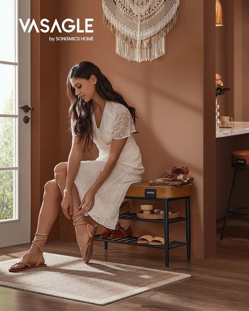 Lavica na topánky s prešívaním, 30 × 80 × 50 cm, karamelová farba