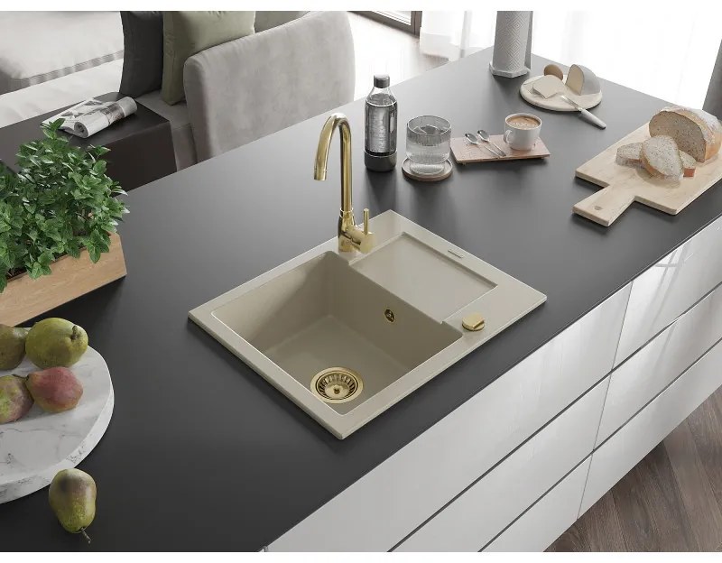 Mexen Enzo, granitový drez 576x465x174 mm, 1-komorový, béžová so zlatým sifónom, 6506571005-69-G