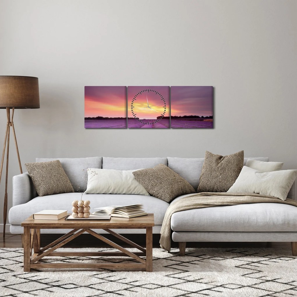 Obraz - Levanduľové pole (s hodinami) (90x30 cm)
