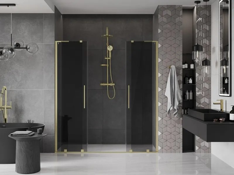 Mexen Velar L Duo, posuvné sprchové dvere do otvoru 200 cm, 8mm šedé sklo, zlatá matná, 871-200-003-42-55