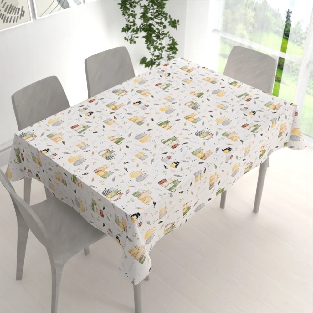 Biante Detský bavlnený obdĺžnikový obrus Sandra SA-652 Mačací svet zeleno-žltý na bielom 120x180 cm