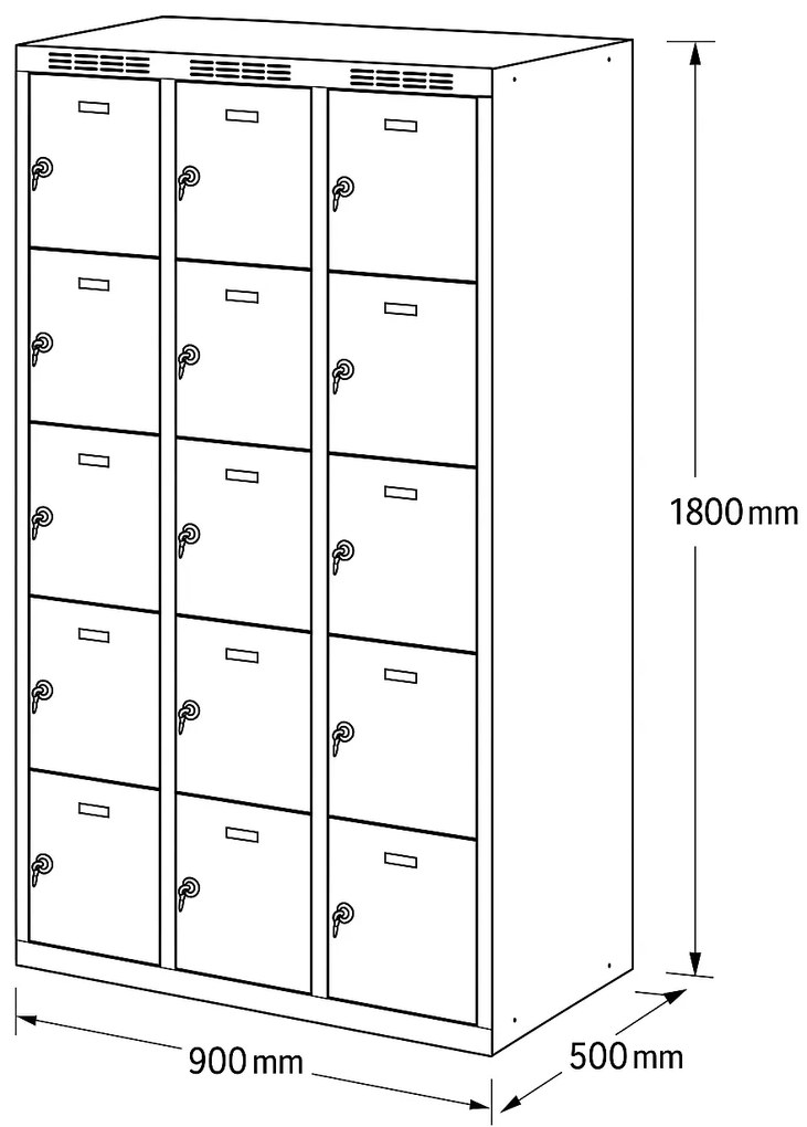 Šatníková skrinka S6 s úložnými boxami, 15 boxov, 1800 x 900 x 500 mm, otočný zámok, tmavosivé dvere