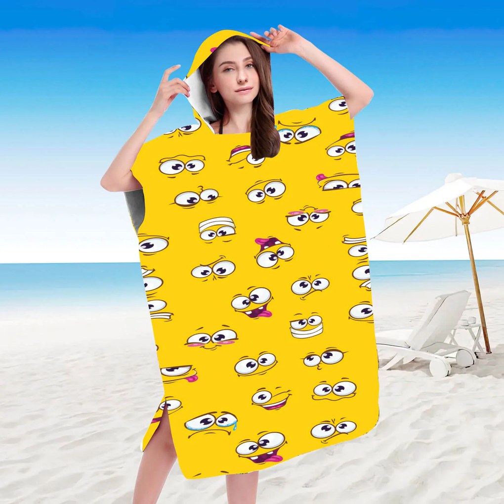 Plážový set SMILE – osuška 100×180 cm a pončo 80×145 cm, žltý