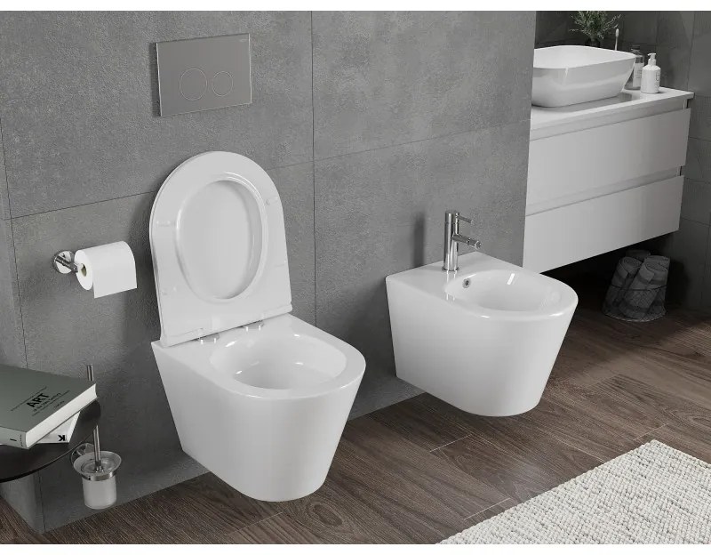 Mexen Rico, závesná WC misa 490x360x370 mm, Rimless Tornádo + WC sedadlo z duroplastu, biela lesklá, 30720500T