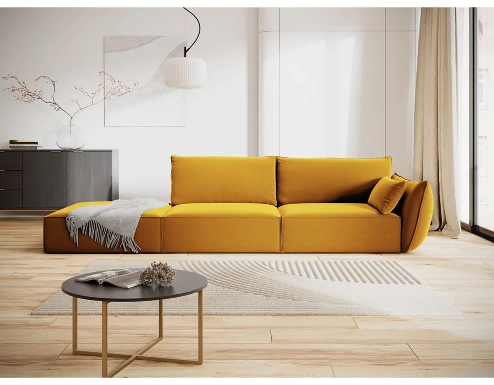 Zamatová pohovka v horčicovej farbe pravý roh 264 cm Vanda – Mazzini Sofas