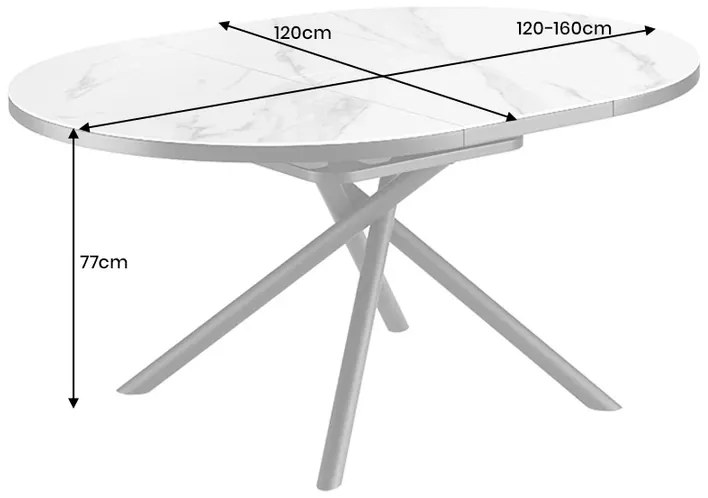 Jedálenský stôl MIKADO 120-160 cm okrúhly rozkladací mramorový vzhľad biely keramický tvrdené sklo