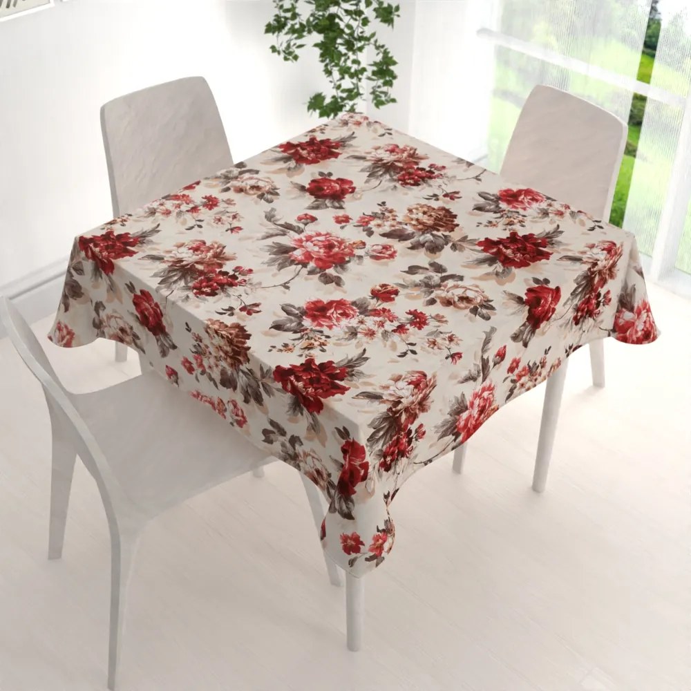 Biante Bavlnený štvorcový obrus Sandra SA-399 Červené pivonky na pieskovom 80x80 cm