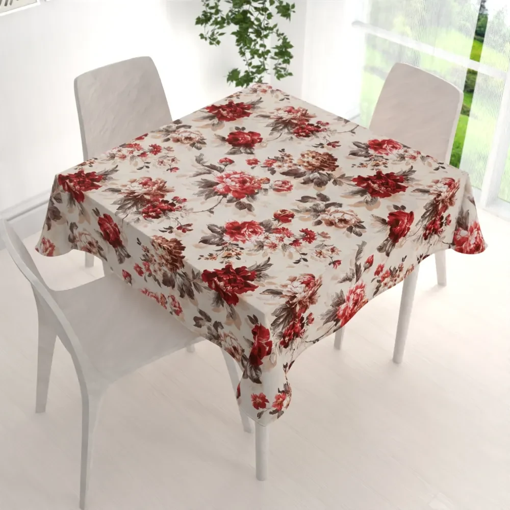 Biante Bavlnený štvorcový obrus Sandra SA-399 Červené pivonky na pieskovom 90x90 cm