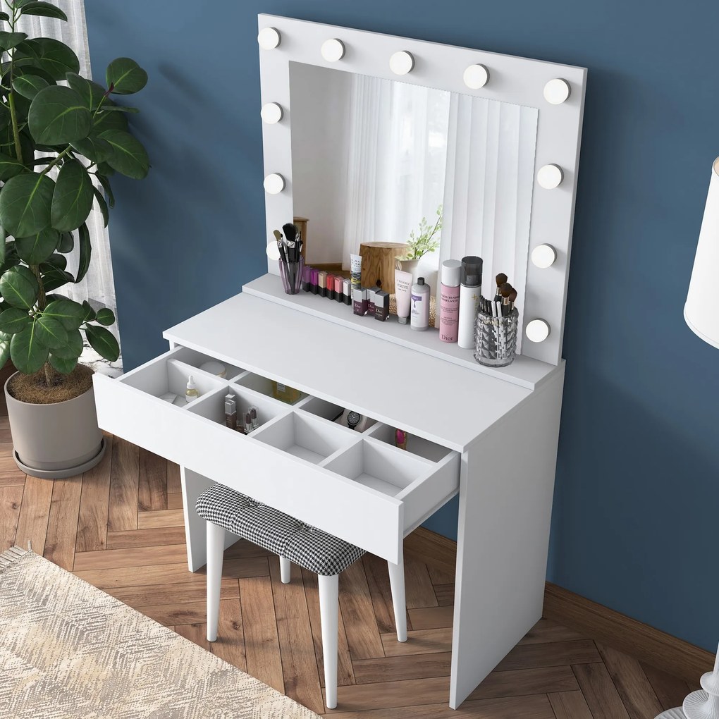 Minimalistický toaletní stolek Alisson III s LED zrcadlem a taburetem bílý