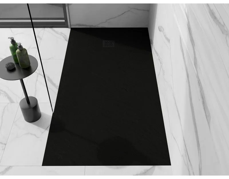 Mexen Stone+, obdĺžniková vanička z minerálneho kompozitu 160 x 80 cm, čierna, čierna krytka, 44708016-B