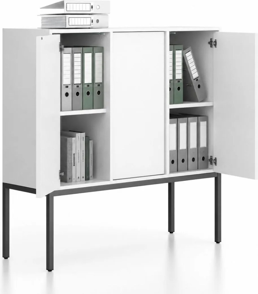 Kancelárska skriňa FRAME, nízka, čierna podnož, 3x dvere, 1299 x 450 x 1331 mm, PUSH-lock, biela