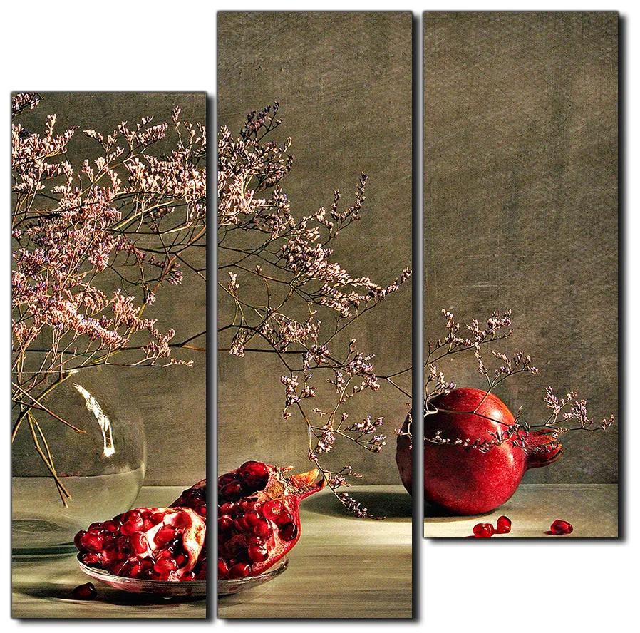 Obraz na plátne - Zátišie - vetva a granátové jablko - štvorec 3274D (105x105 cm)