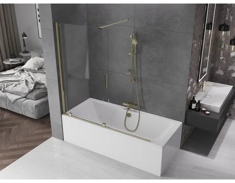 Mexen Velar, 2-krídlová posuvná vaňová zástena 160 x 150 cm, 8mm číre sklo, zlatý lesklý profil, 896-160-000-01-50