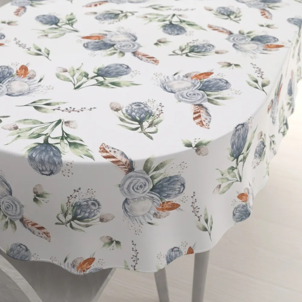 Biante Bavlnený oválny obrus Sandra SA-707 Modré kvety Protea na bielom 140x220 cm