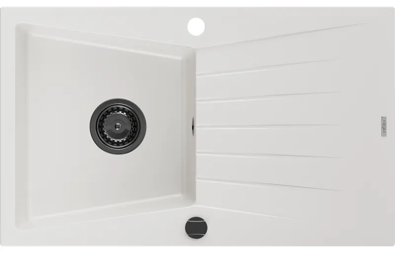 Mexen Cesar, granitový drez 775x470x190 mm, 1-komorový, biela s čiernym sifónom, 6514771010-20-B