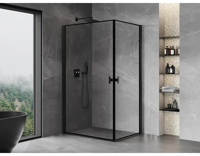 Mexen Mist-B Duo, 2-krídlový výklopný sprchový kút 90 x 100 cm, číre sklo-čierny rám, 8A2-090L-100P-70-70