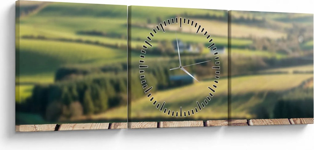 Obraz - Drevená polica s krajinou (s hodinami) (90x30 cm)