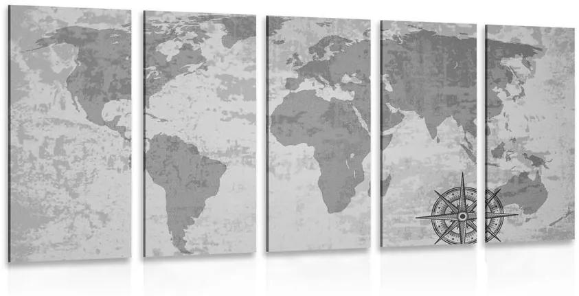 5-dielny obraz stará mapa sveta s kompasom v čiernobielom prevedení - 100x50