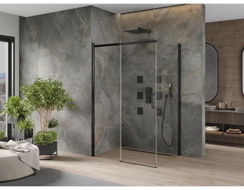 Mexen Omega, sprchovací kút s posuvnými dverami 150 (dvere) x 90 (stena) cm, 8mm sklo, čierny profil-číre sklo, 825-150-090-70-00