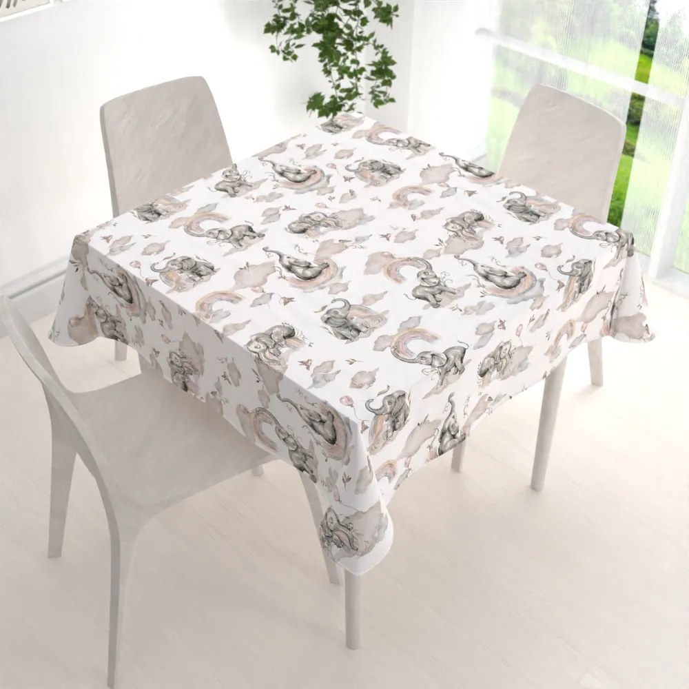Biante Detský bavlnený štvorcový obrus Sandra SA-462 Slony so sivohnedou dúhou na bielom 90x90 cm