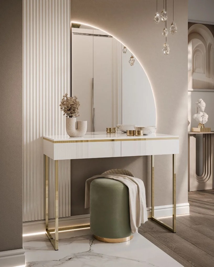 TOALETNÝ STOLÍK NESSIE BIELY LESK PRAVÝ + ZLATÝ PODSTAVEC + ZRKADLO POLMESIAC