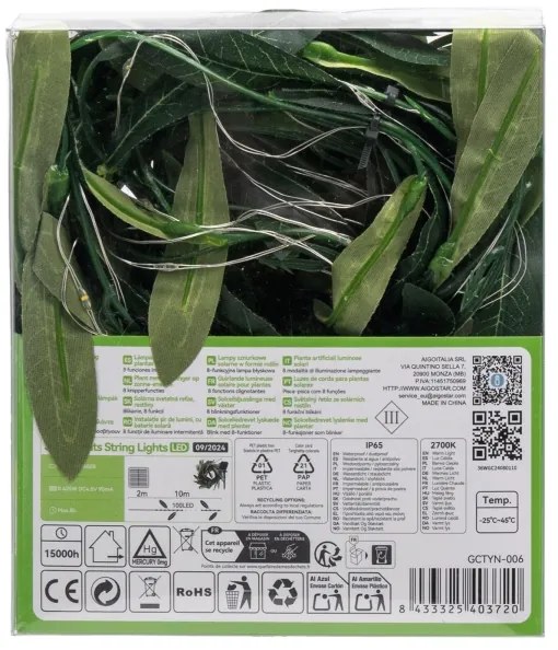 Aigostar - LED solárny reťazec 100xLED/12m IP65 teplá biela olive