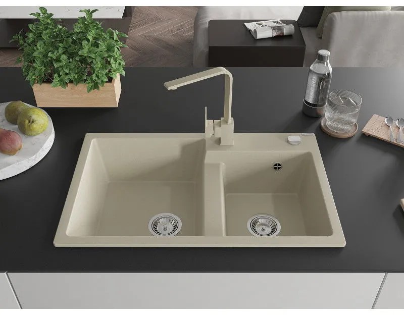 Mexen Tomas, granitový drez 800x500x190 mm, 2-komorový a béžová batéria Rita, béžová, 6516-69-670300-69